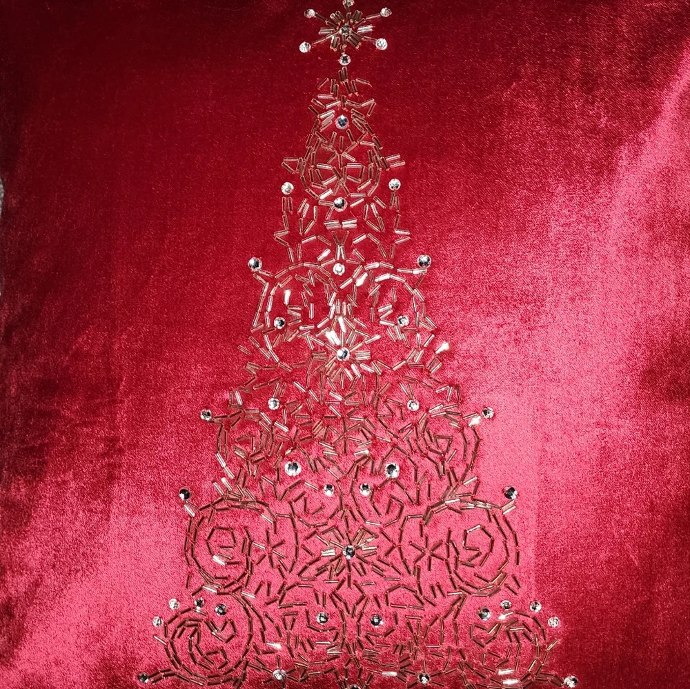 Pier 1 Imports pillow, Silver Beaded Tree on Red Velvet, NWT! 14